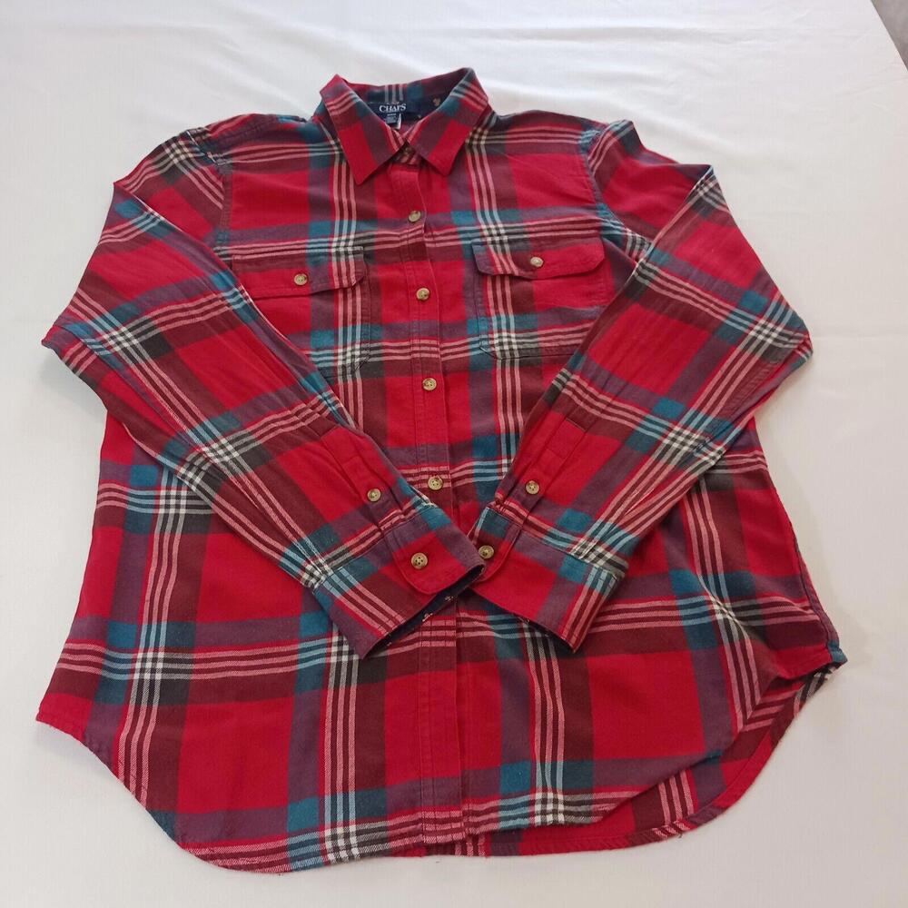 Chaps Red Plaid Button-Down Shirt with Blue and White Stripes